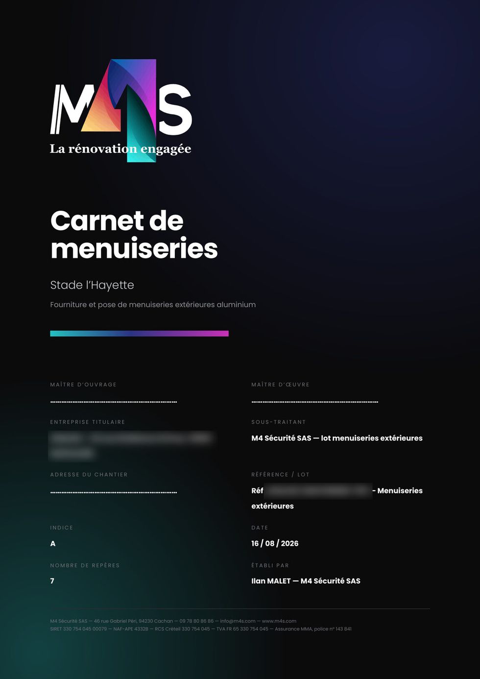 Couverture du carnet de menuiseries M4S, opération et indice.