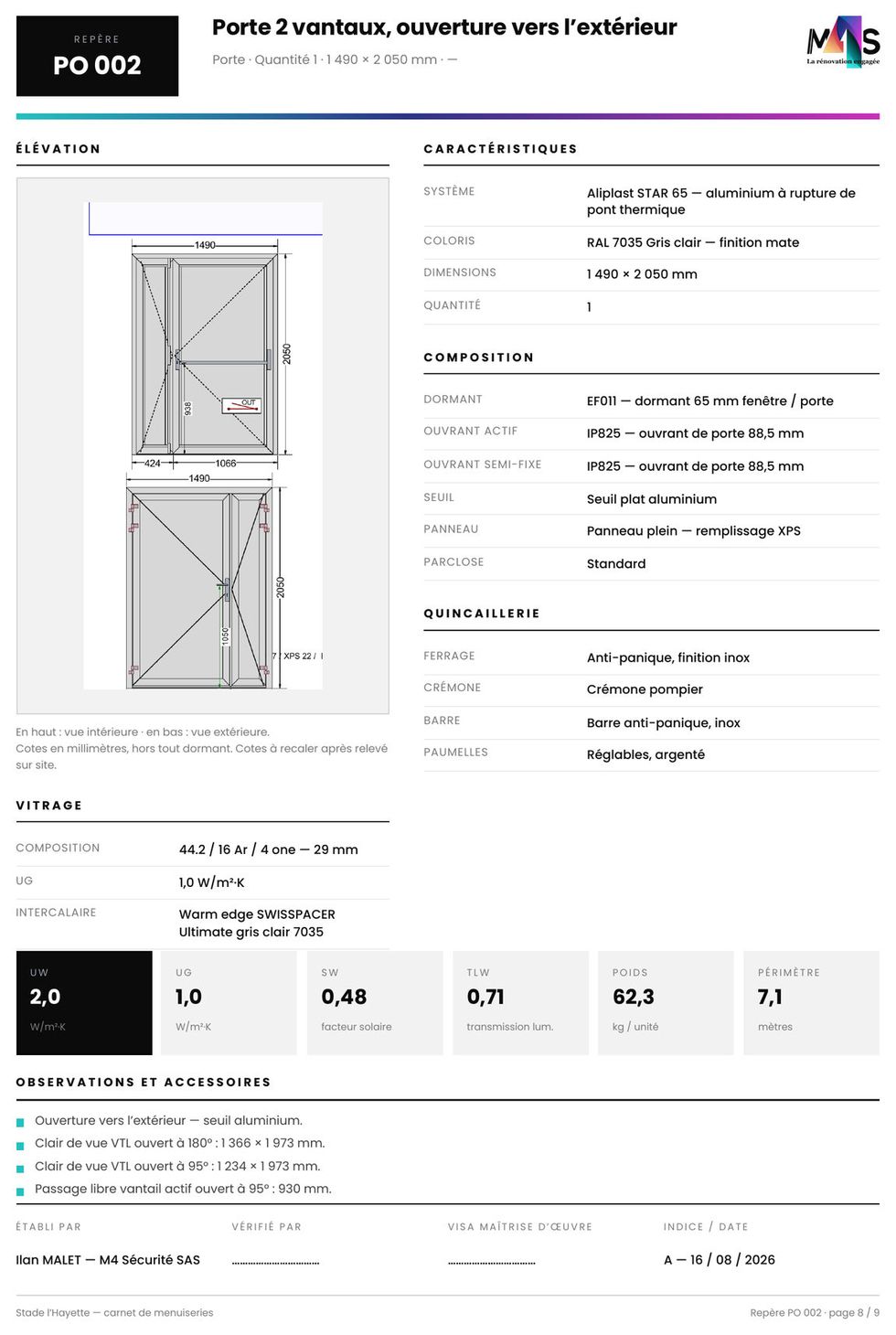 Porte deux vantaux : cotes de passage, position des paumelles, ferrage anti-panique.
