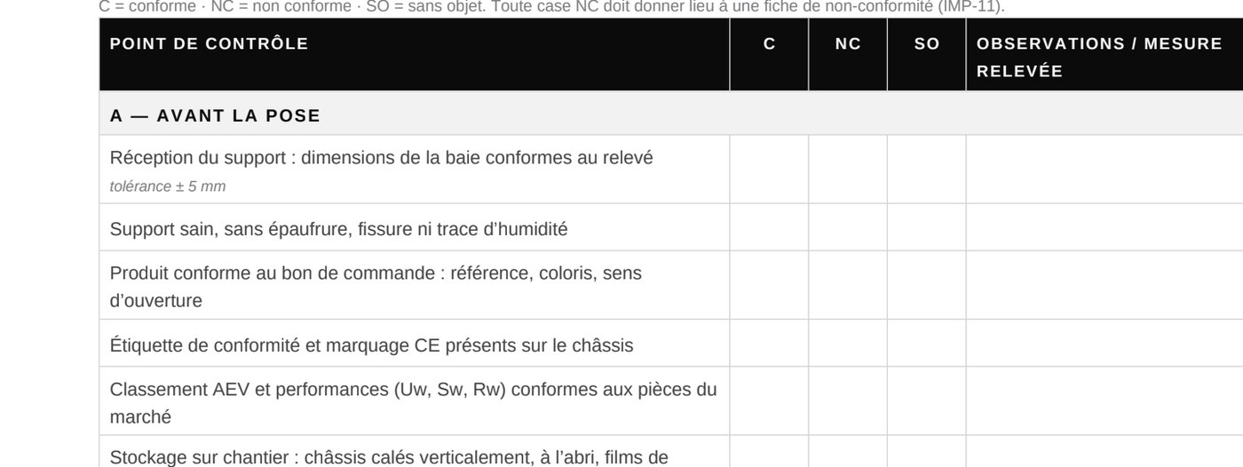 Extrait de la fiche d'autocontrôle M4S : points de contrôle avant la pose, avec colonnes conforme, non conforme et sans objet.