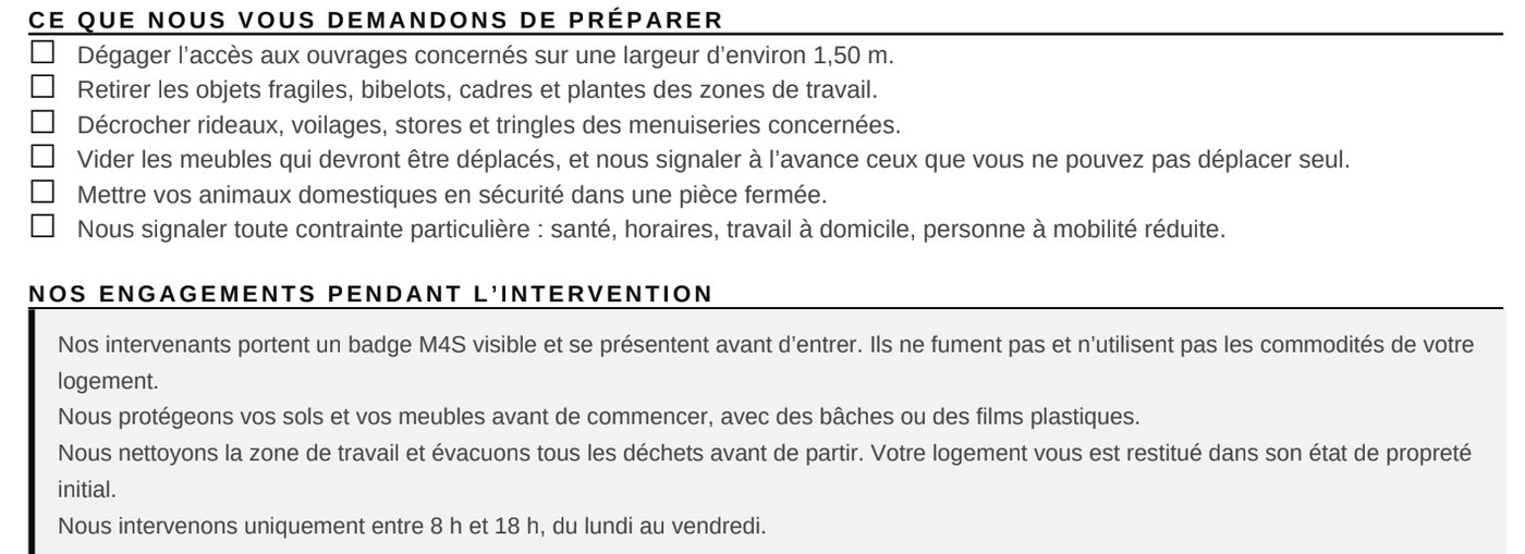 Extrait de l'avis de passage M4S : ce qui est demandé à l'occupant et les engagements de l'entreprise pendant l'intervention.