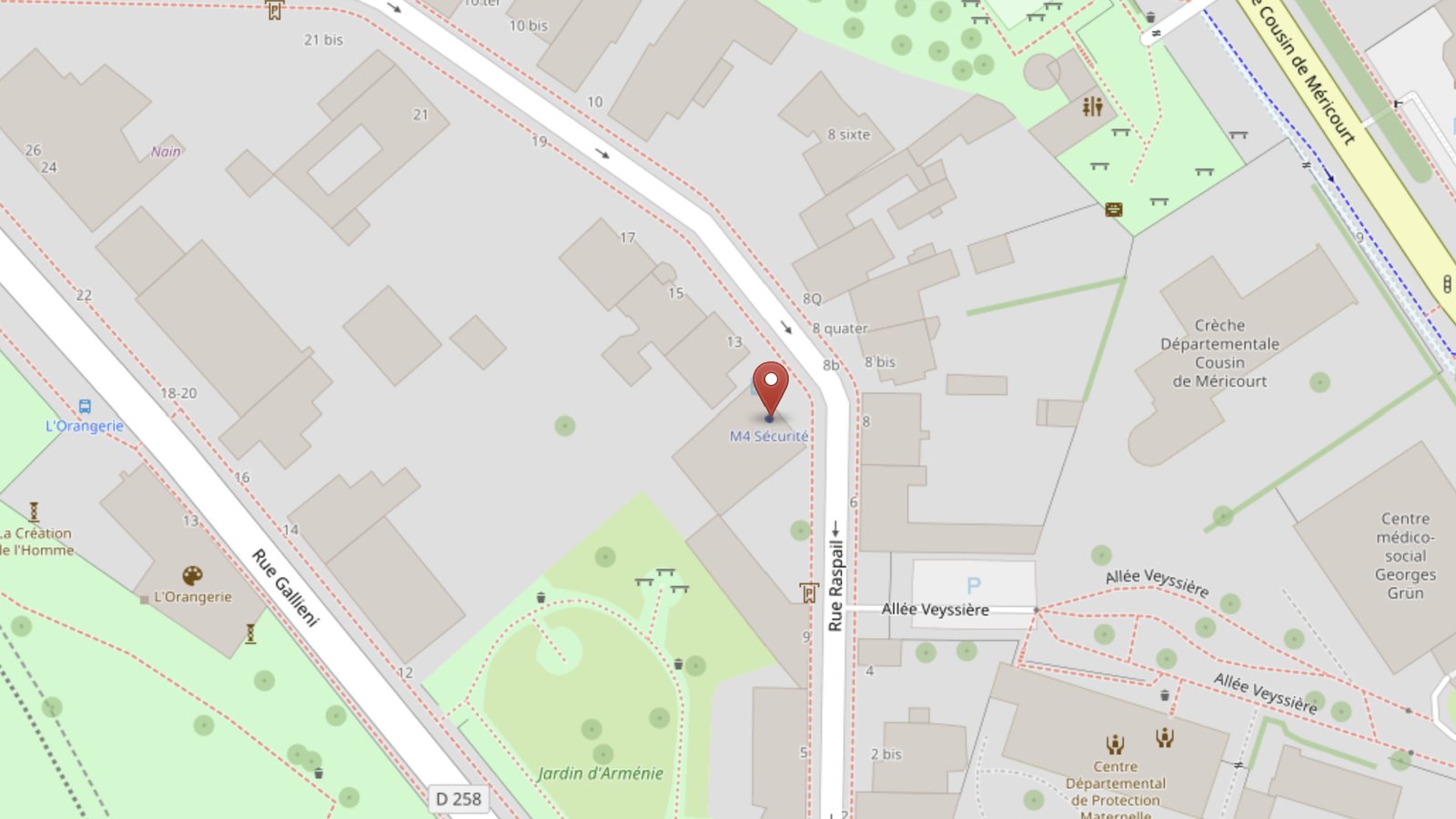 Plan du quartier de la rue Raspail à Cachan : le repère M4 Sécurité est au 11 rue Raspail, entre la rue Gallieni et l'avenue Cousin-de-Méricourt, face à l'allée Veyssière.