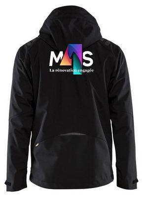 Veste softshell noire à capuche, logo M4S dans le dos.