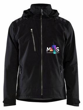 Veste softshell noire à capuche, logo M4S sur la poitrine.