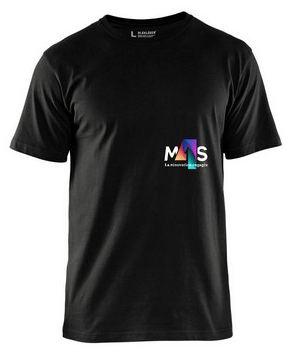 T-shirt noir, logo M4S sur la poitrine, vue de face.